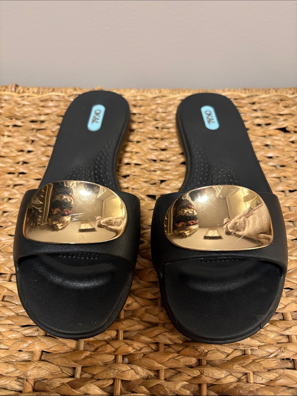 OKA b. Black Slide Mules with Gold Accent Plates
